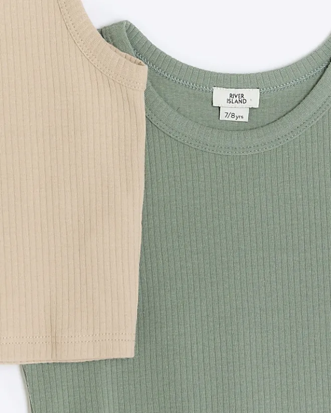 River Island Girls ribbed tank tops 2 pack Khaki Clearance
