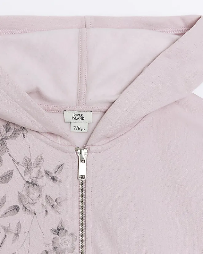 River Island Girls floral zip up hoodie Pink Clearance