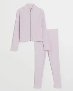 River Island Girls rib zip up sweatshirt set Pink Fashion