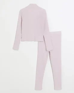 River Island Girls rib zip up sweatshirt set Pink Fashion