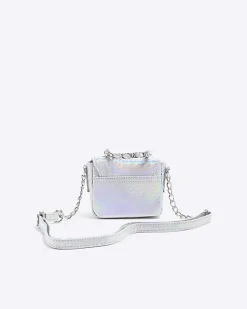 River Island Girls silver iridescent chain cross body bag Grey New