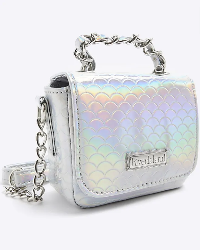 River Island Girls silver iridescent chain cross body bag Grey New