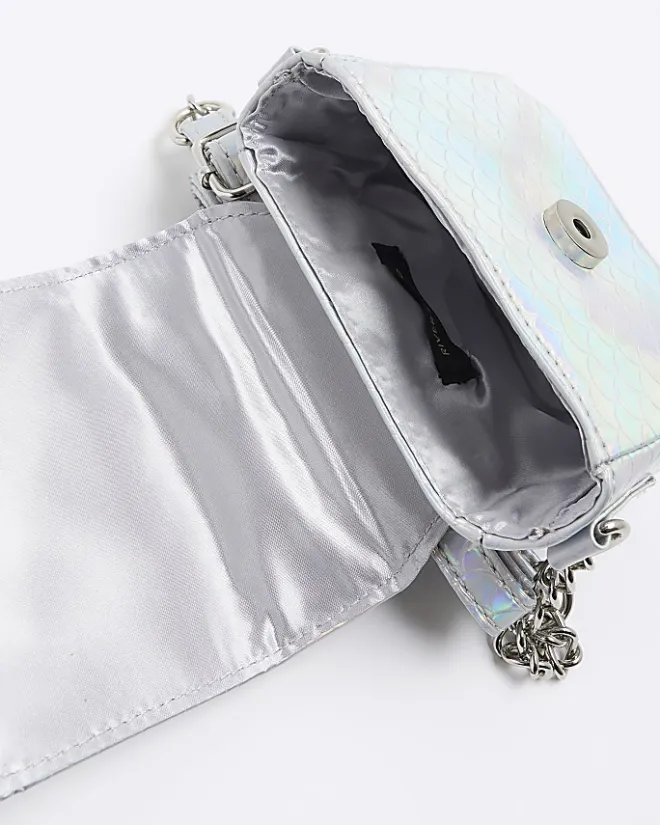 River Island Girls silver iridescent chain cross body bag Grey New