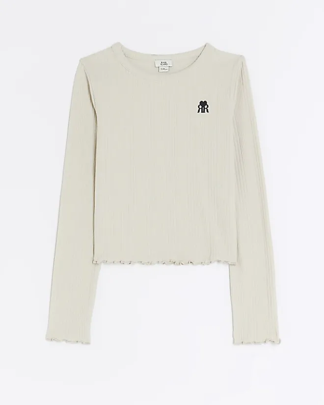 River Island Girls stone long sleeve rib lettuce hem top Cream Sale