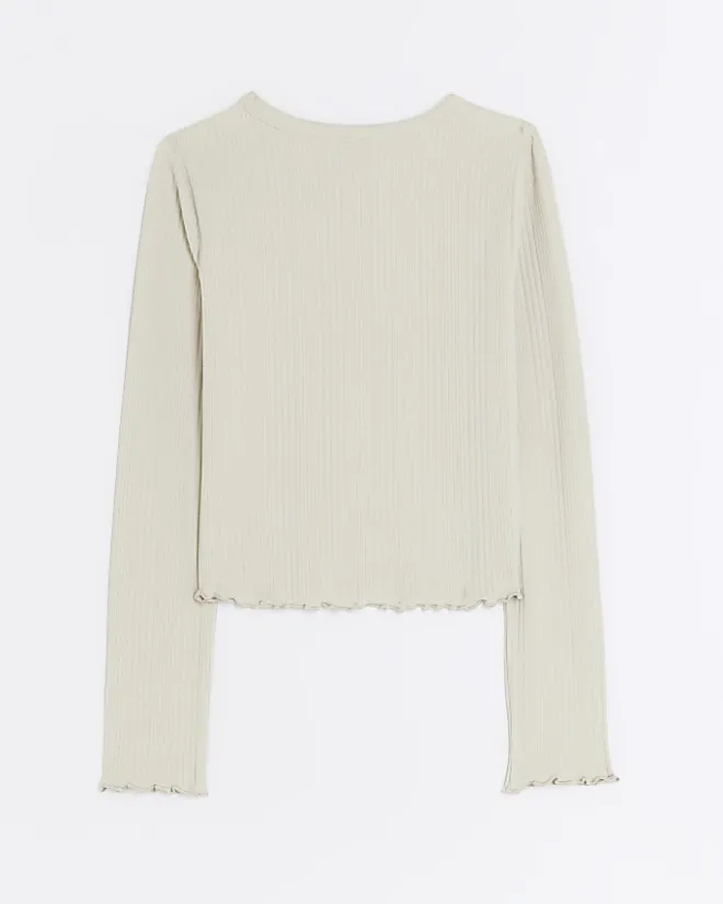 River Island Girls stone long sleeve rib lettuce hem top Cream Sale