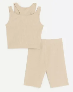 River Island Girls stone rib double strap tank top set Cream Clearance