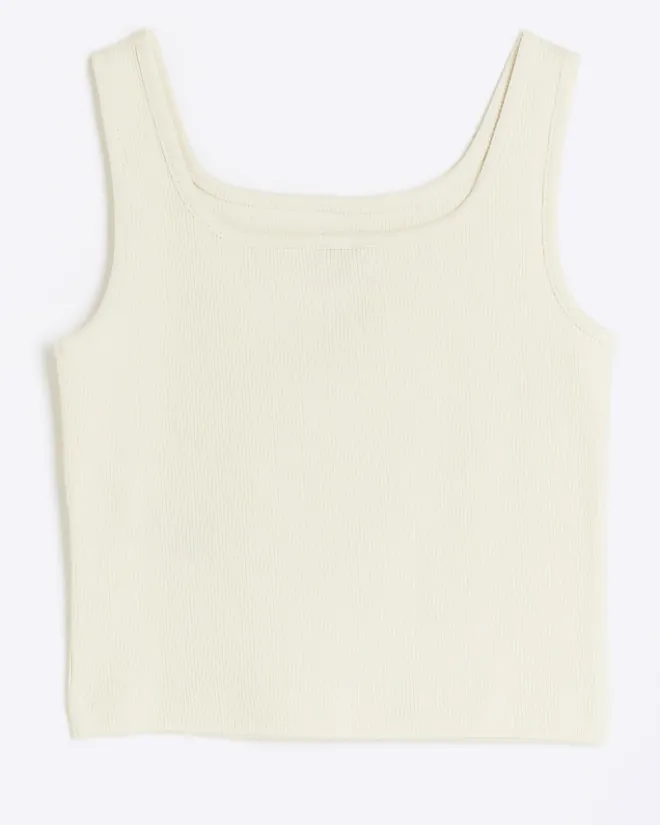 River Island Girls stone rib embroidered logo crop vest Cream Fashion