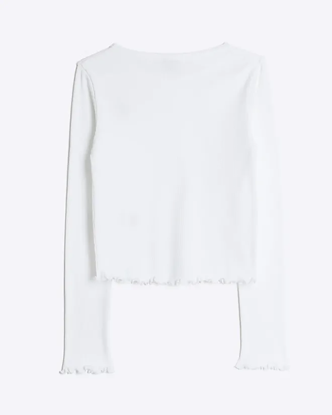 River Island Girls rib lettuce hem long sleeve top White Outlet