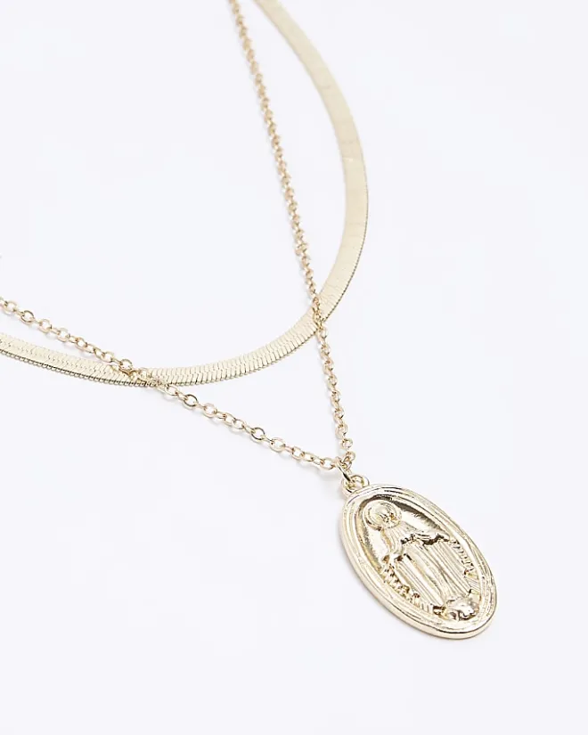 River Island Gold Coin Multirow Necklace Yellow Fashion