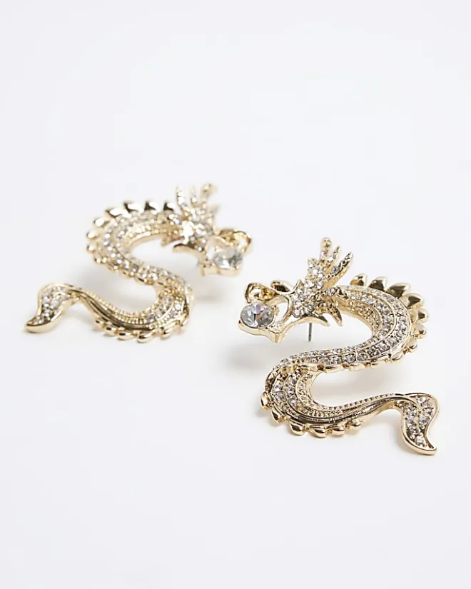 River Island Gold Dragon Stud Earrings Yellow Outlet