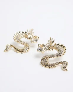 River Island Gold Dragon Stud Earrings Yellow Outlet