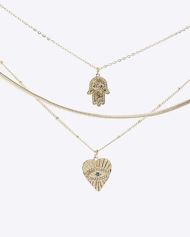 River Island Gold heart and hand multirow necklace Yellow Fashion