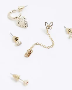 River Island Gold heart stud and drop earrings multipack Yellow Clearance