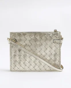 River Island Gold leather weave cross body bag Yellow New