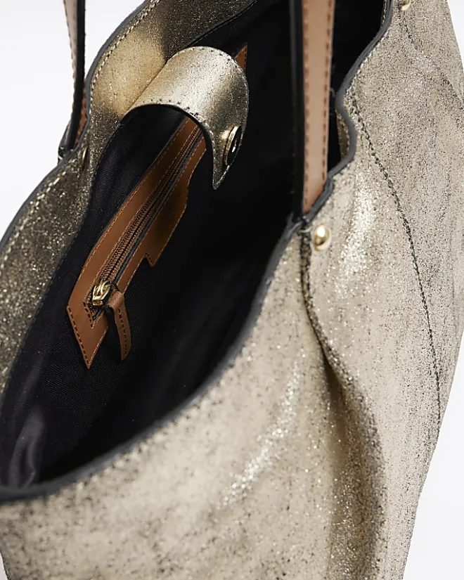 River Island Gold metallic leather tote bag Yellow Clearance