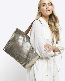 River Island Gold metallic leather tote bag Yellow Clearance