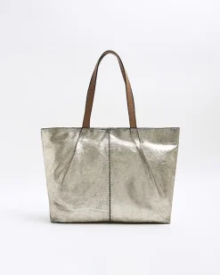 River Island Gold metallic leather tote bag Yellow Clearance