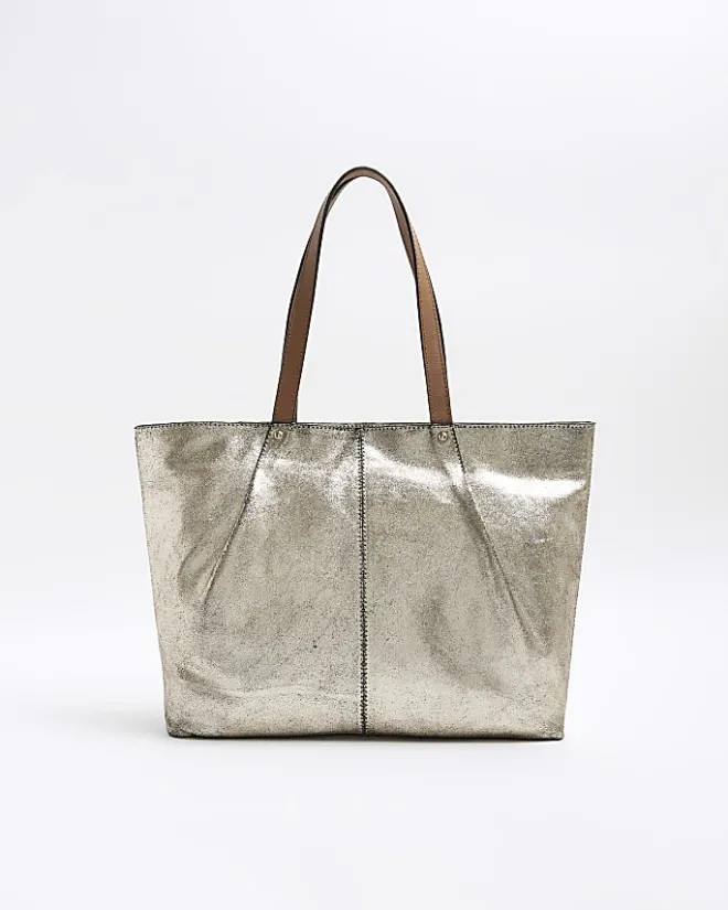 River Island Gold metallic leather tote bag Yellow Clearance