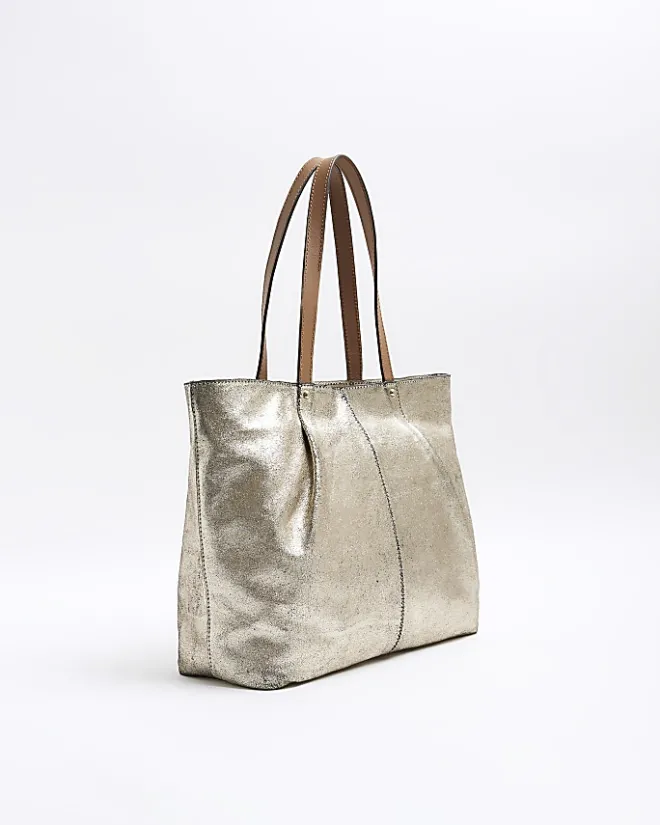 River Island Gold metallic leather tote bag Yellow Clearance