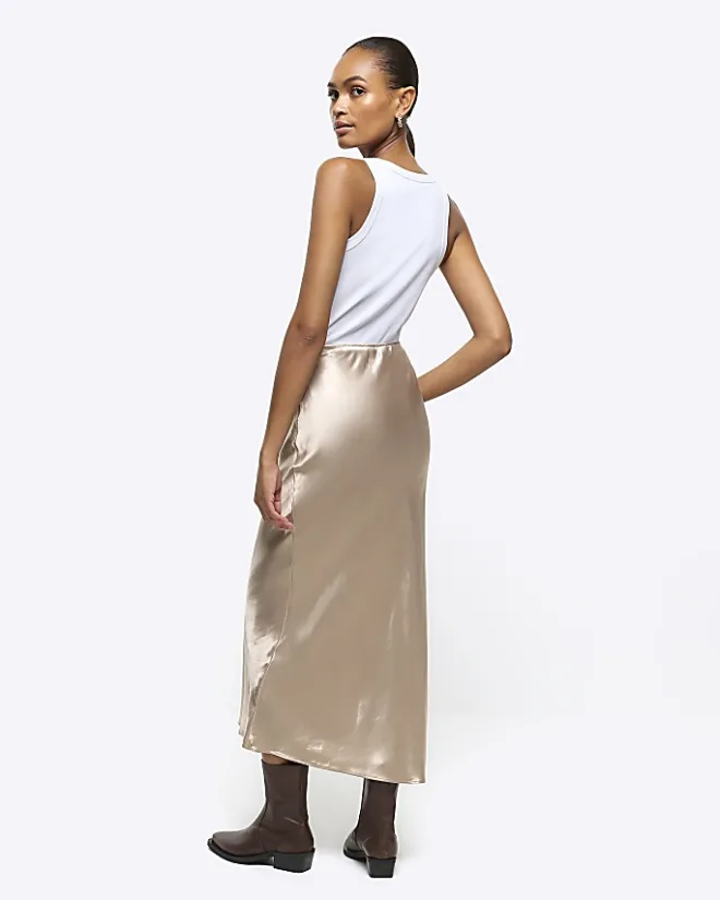 River Island Gold satin midi skirt Yellow Best
