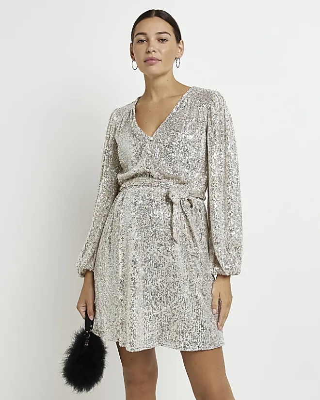River Island Gold sequin maternity belted mini dress Yellow Clearance