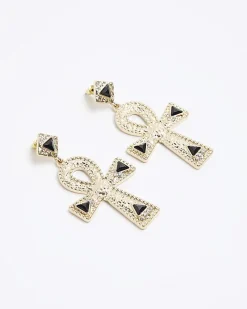 River Island Gold Textured Cross Drop Earrings Black Hot