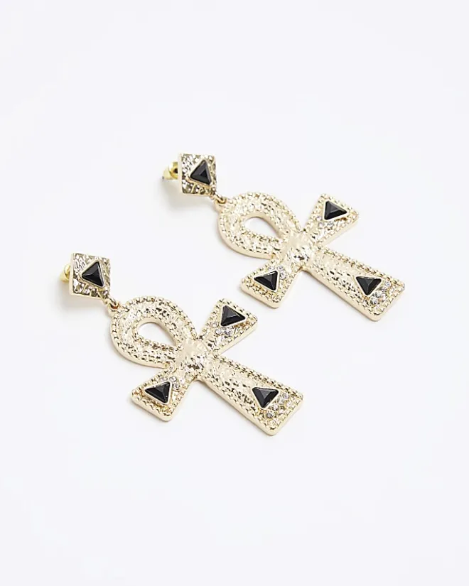 River Island Gold Textured Cross Drop Earrings Black Hot