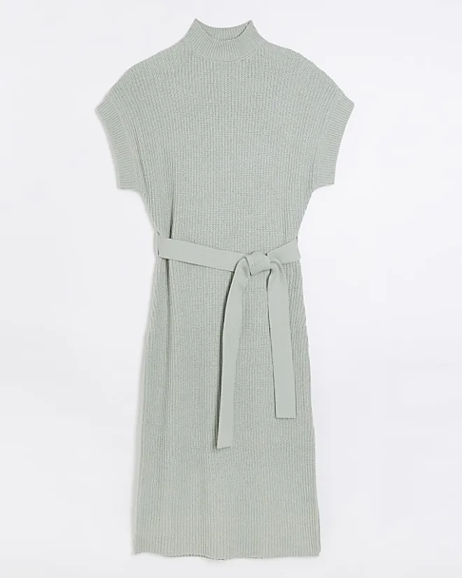 River Island belted high neck jumper midi dress Green New