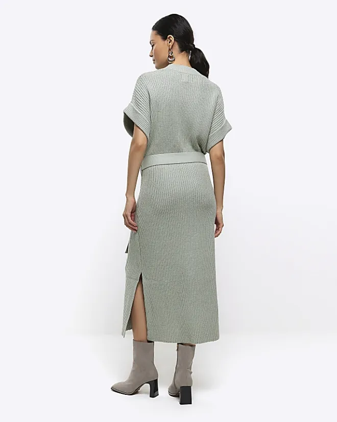 River Island belted high neck jumper midi dress Green New