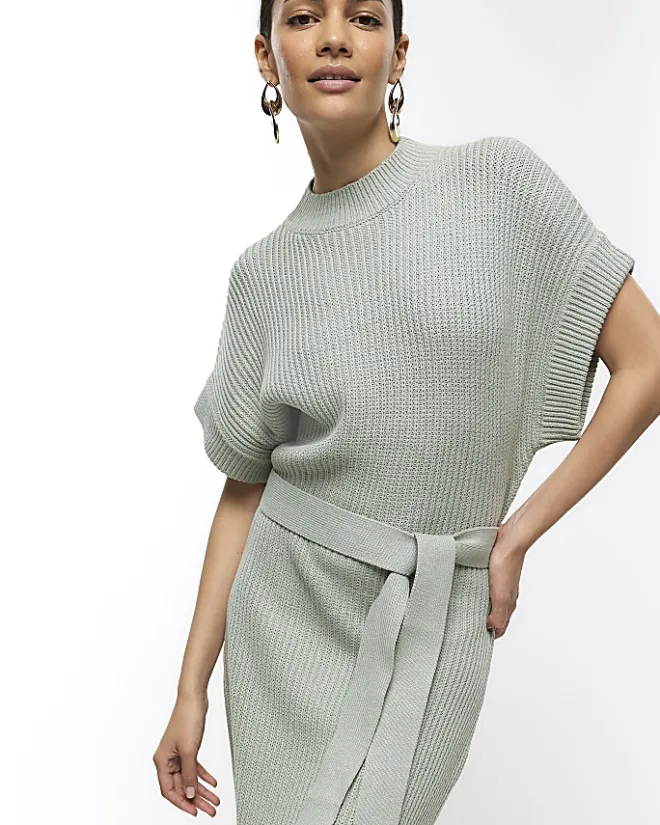River Island belted high neck jumper midi dress Green New