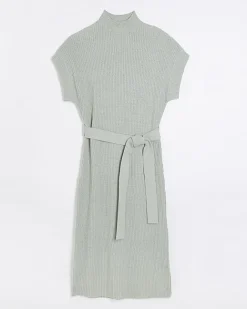 River Island belted high neck jumper midi dress Green New