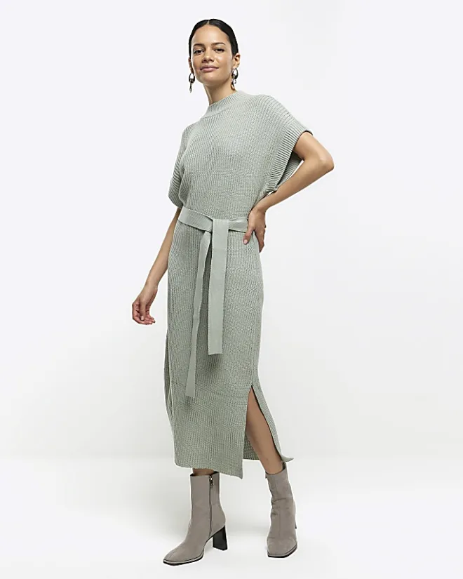 River Island belted high neck jumper midi dress Green New