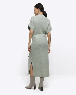 River Island belted high neck jumper midi dress Green New
