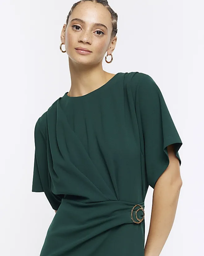 River Island buckle wrap bodycon midi dress Green Online