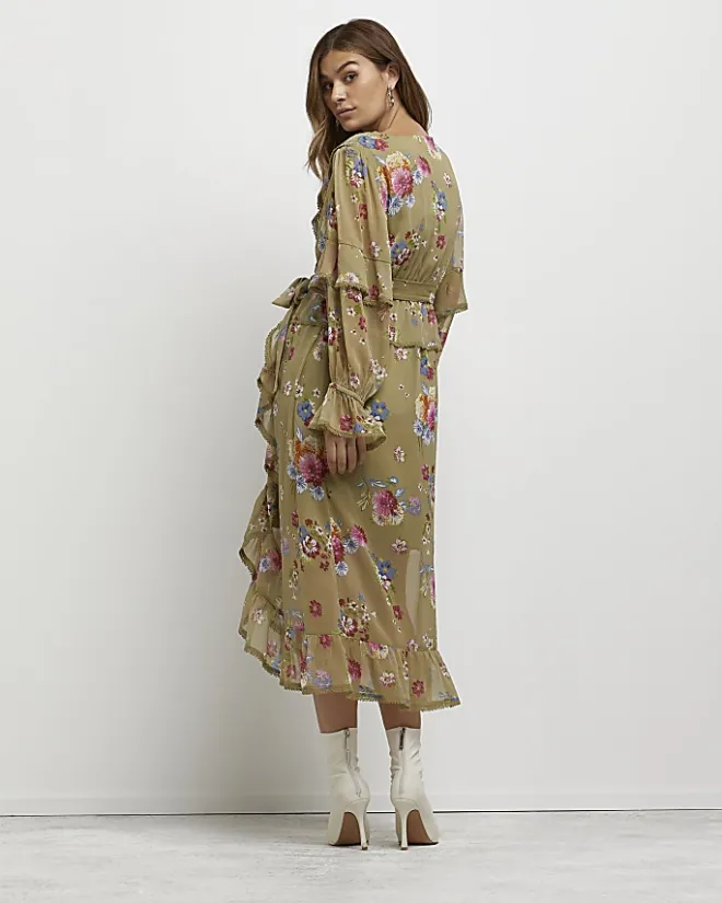 River Island floral maternity wrap midi dress Green Sale