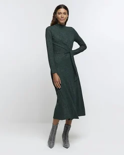 River Island glitter knot bodycon midi dress Green Discount