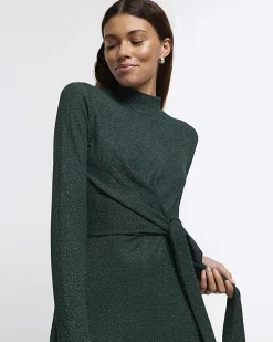 River Island glitter knot bodycon midi dress Green Discount