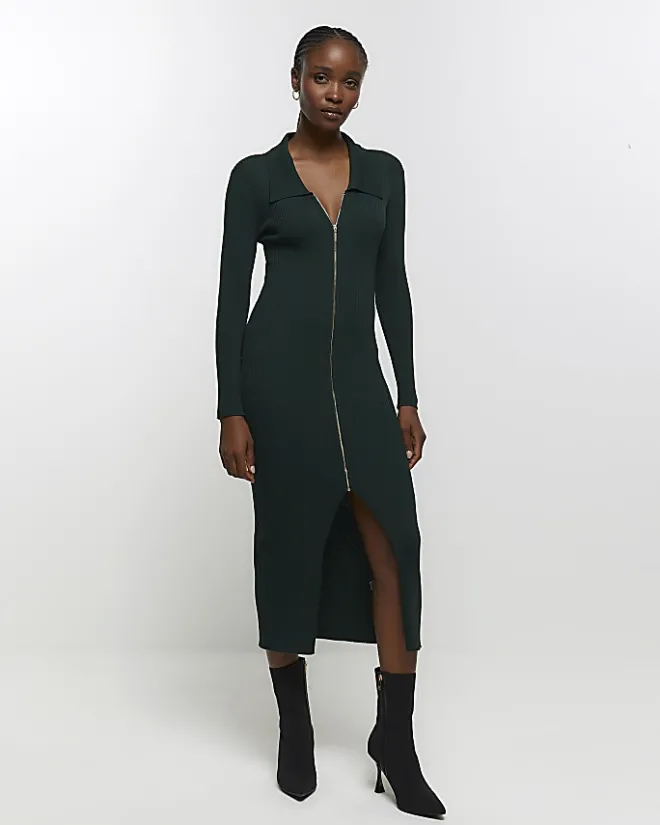 River Island knit zip bodycon midi dress Green Outlet