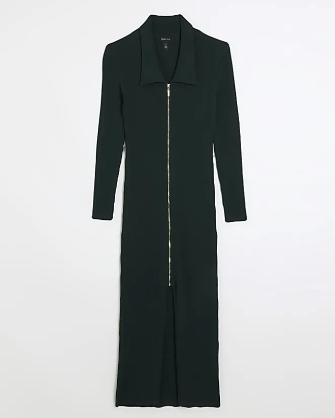 River Island knit zip bodycon midi dress Green Outlet