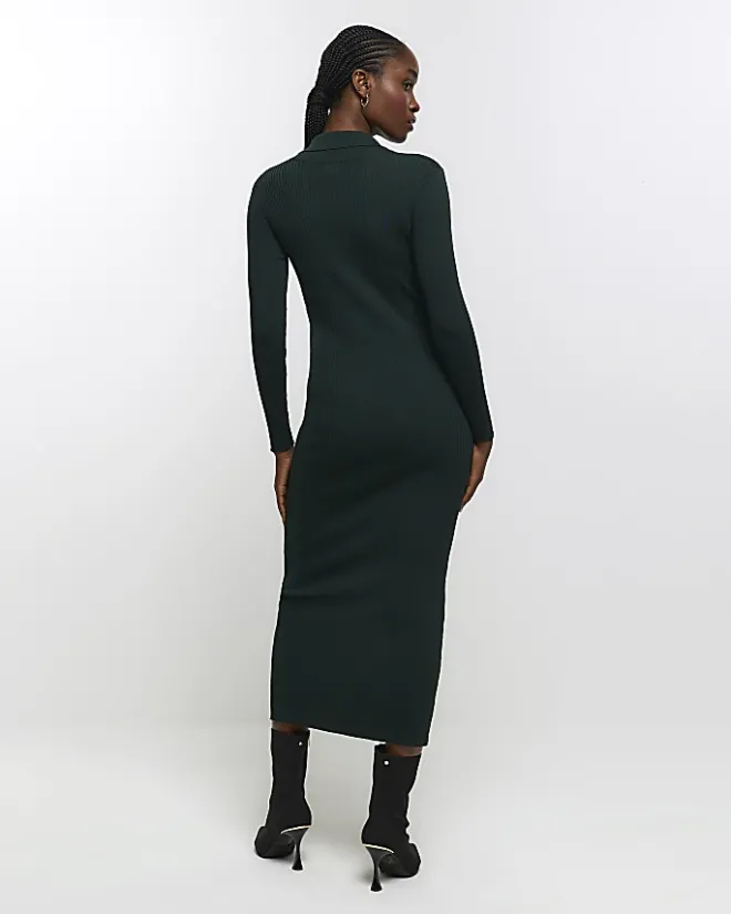 River Island knit zip bodycon midi dress Green Outlet
