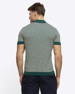 River Island muscle fit knit geometric polo Green Clearance