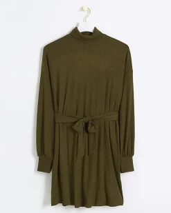 River Island rib belted jumper mini dress Green Discount