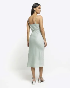 River Island satin cowl neck slip midi dress Green Online