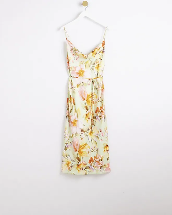 River Island satin floral cowl neck slip midi dress Green Hot