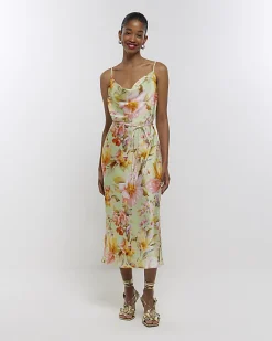 River Island satin floral cowl neck slip midi dress Green Hot