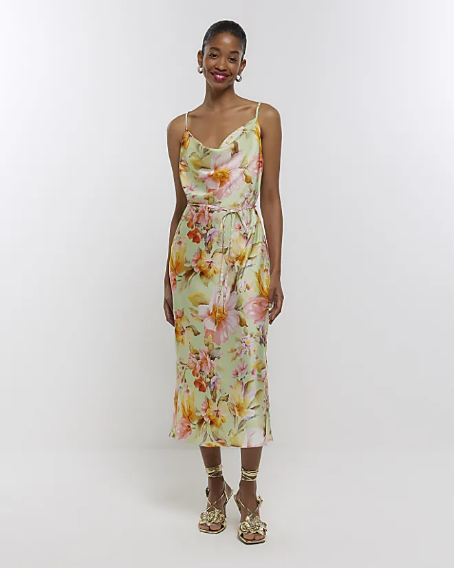 River Island satin floral cowl neck slip midi dress Green Hot