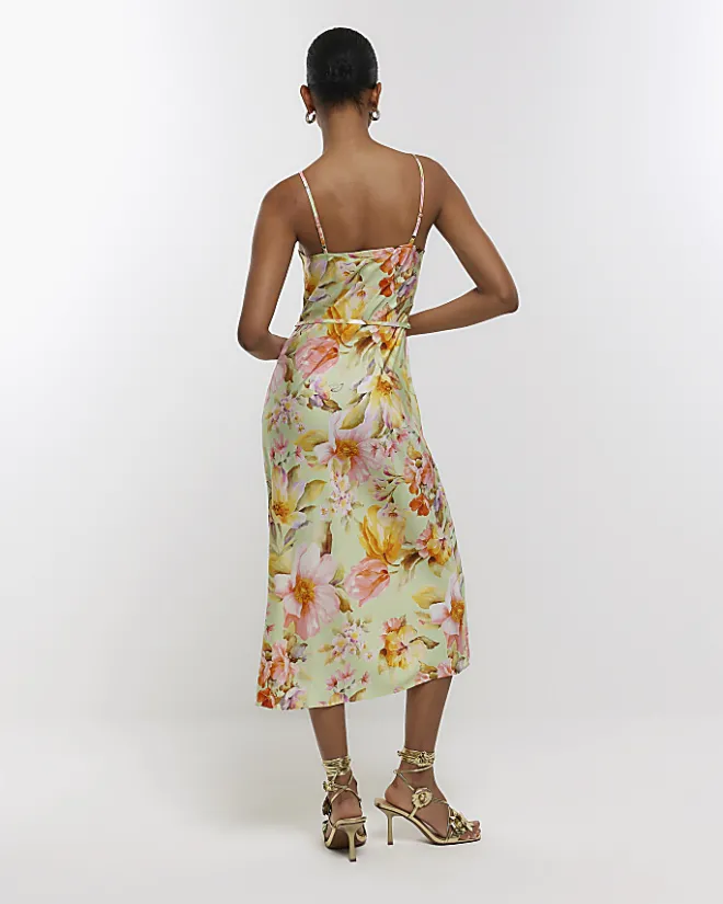 River Island satin floral cowl neck slip midi dress Green Hot