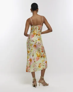 River Island satin floral cowl neck slip midi dress Green Hot