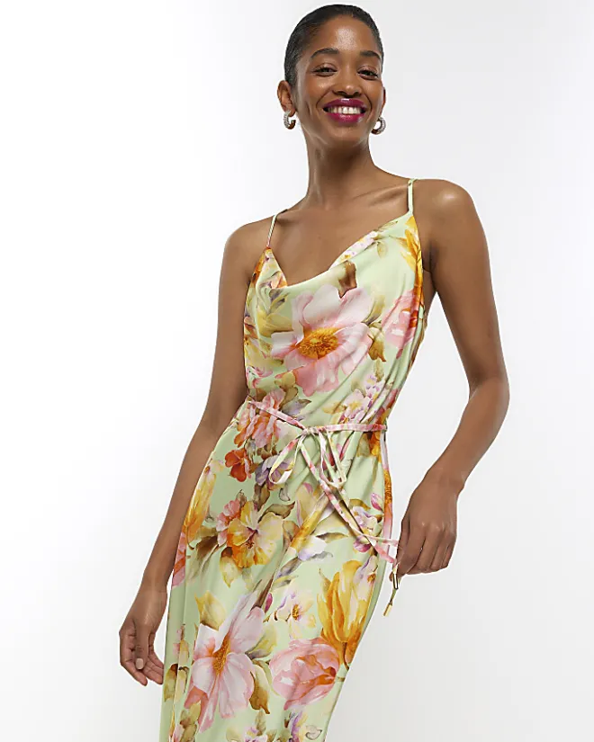 River Island satin floral cowl neck slip midi dress Green Hot