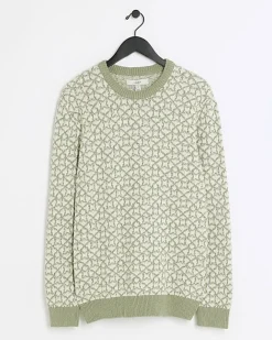 River Island slim fit jacquard crew jumper Green Hot